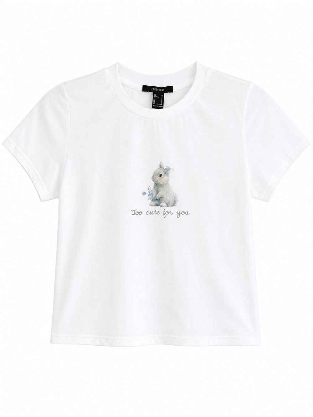 White Baby Tee with Bunny Graphic School Girl Girlhoodcore